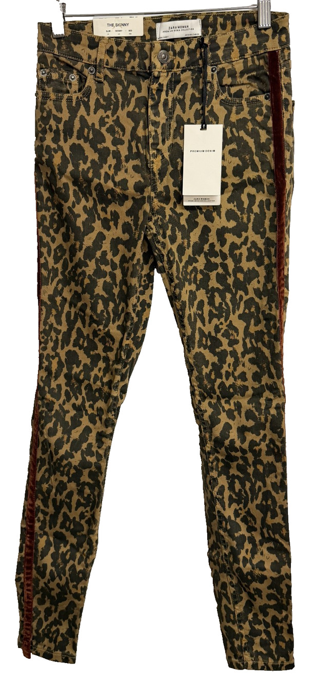 Zara Woman Skinny Jeans Brown Animal Print Side Stripe Mid Rise Classic 2 New